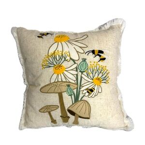 Sheffield Home Textured Cream cottagecore bumble bee mushrooms flowers pillow